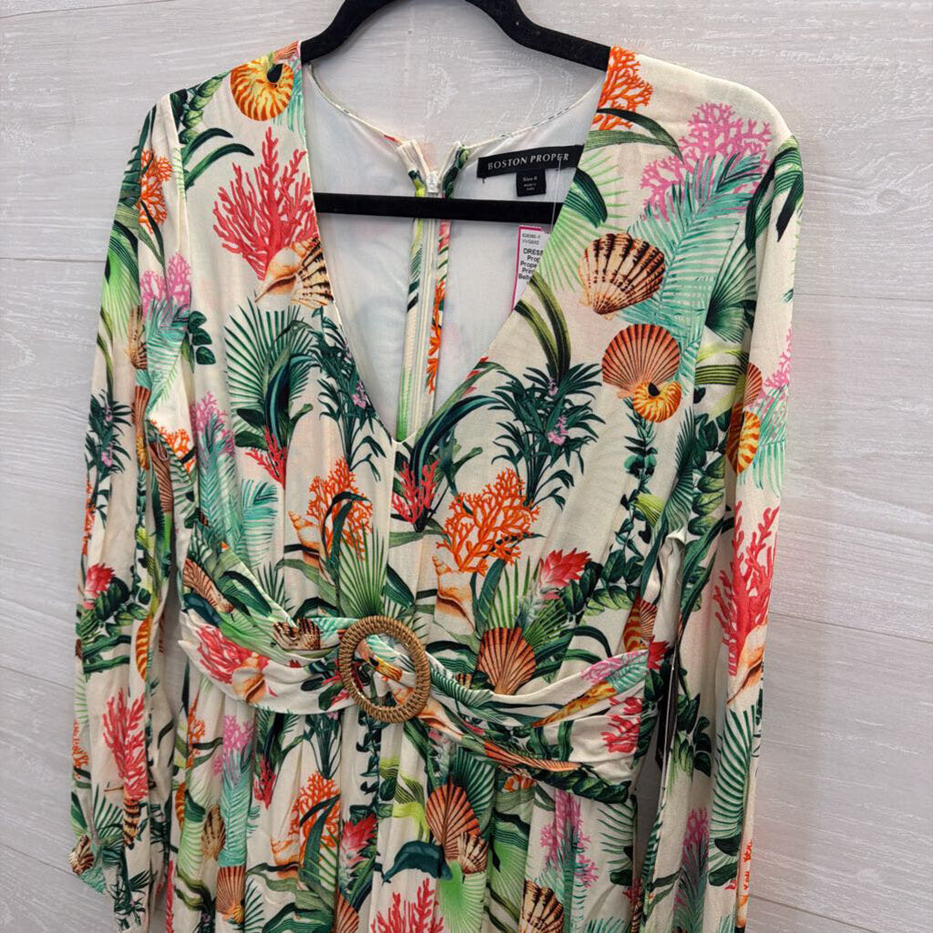 Boston Proper White/ Multi Print Long Sleeve Belted Maxi Dress 6