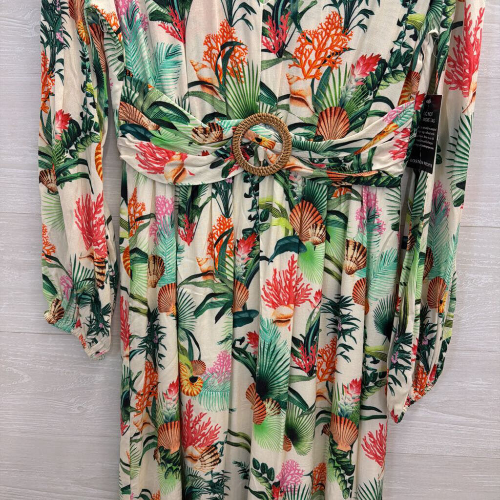 Boston Proper White/ Multi Print Long Sleeve Belted Maxi Dress 6