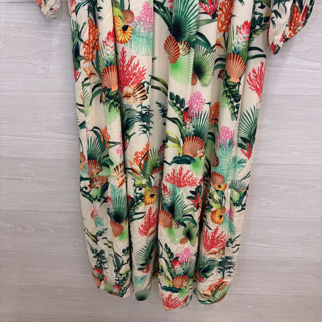 Boston Proper White/ Multi Print Long Sleeve Belted Maxi Dress 6
