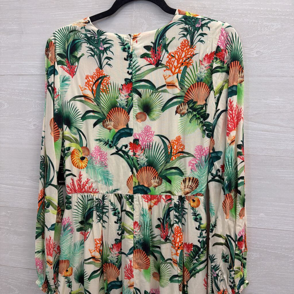 Boston Proper White/ Multi Print Long Sleeve Belted Maxi Dress 6