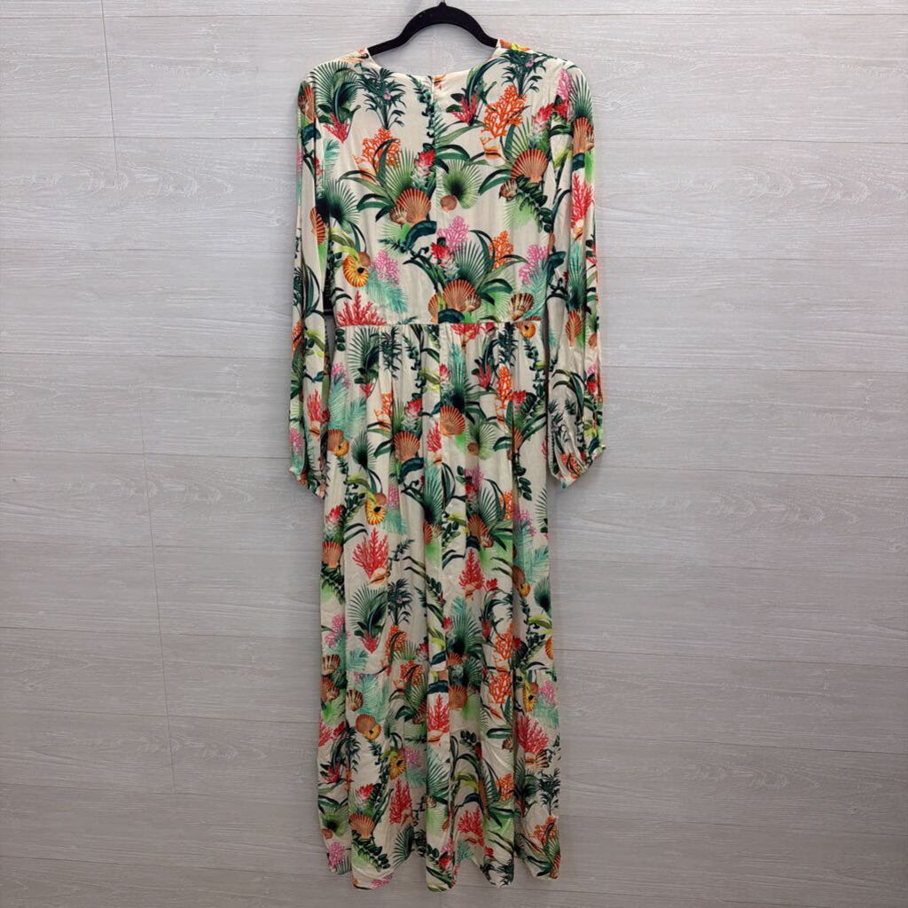 Boston Proper White/ Multi Print Long Sleeve Belted Maxi Dress 6