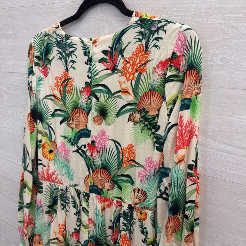 Boston Proper White/ Multi Print Long Sleeve Belted Maxi Dress 6