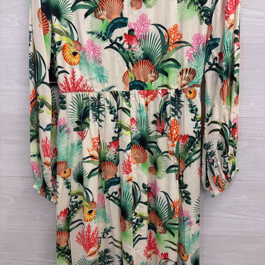 Boston Proper White/ Multi Print Long Sleeve Belted Maxi Dress 6