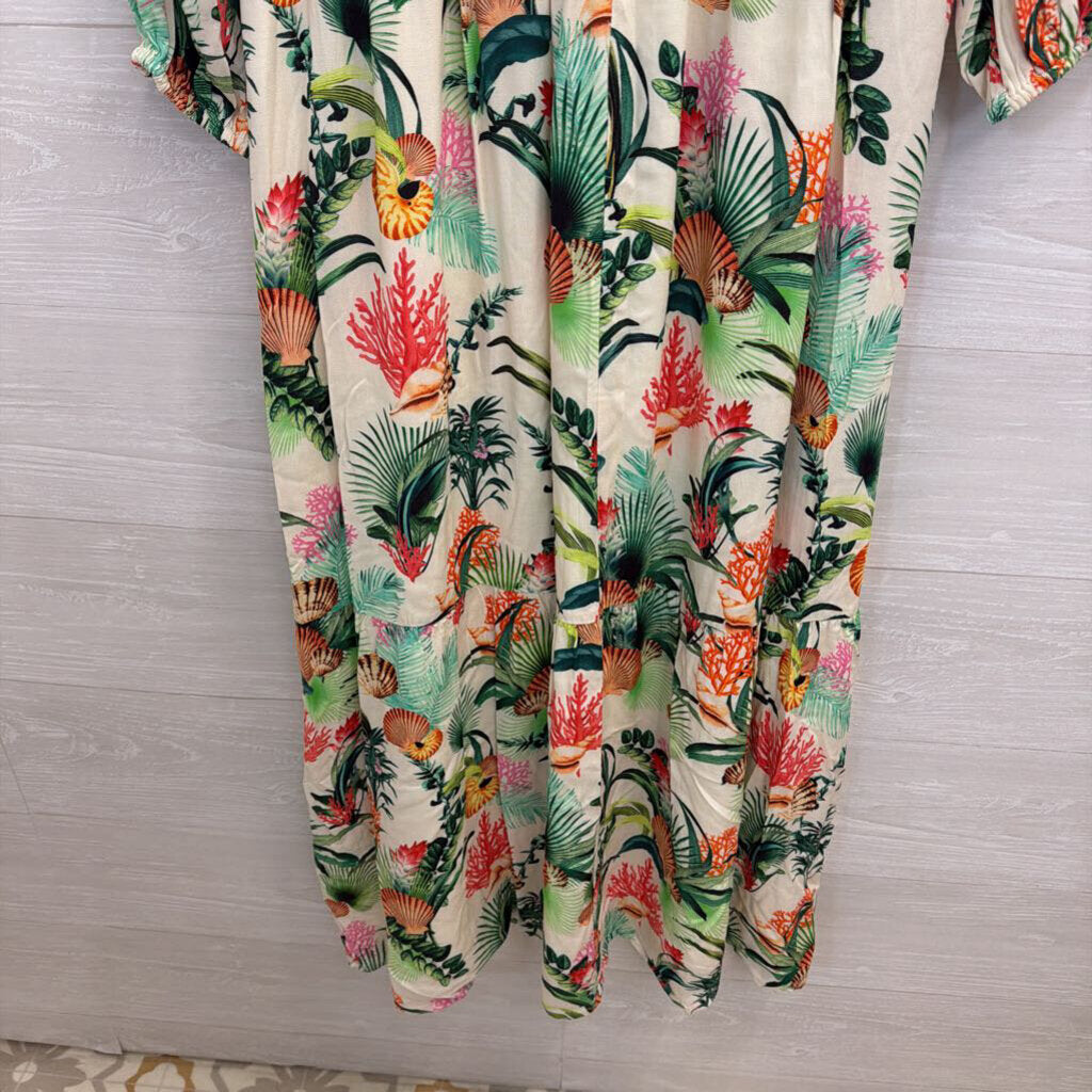 Boston Proper White/ Multi Print Long Sleeve Belted Maxi Dress 6