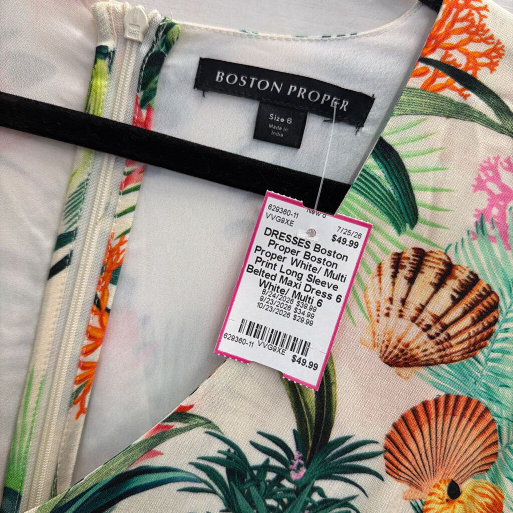 Boston Proper White/ Multi Print Long Sleeve Belted Maxi Dress 6