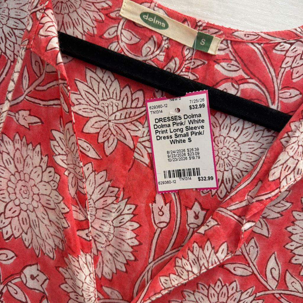 Dolma Pink/ White Print Long Sleeve Dress Small