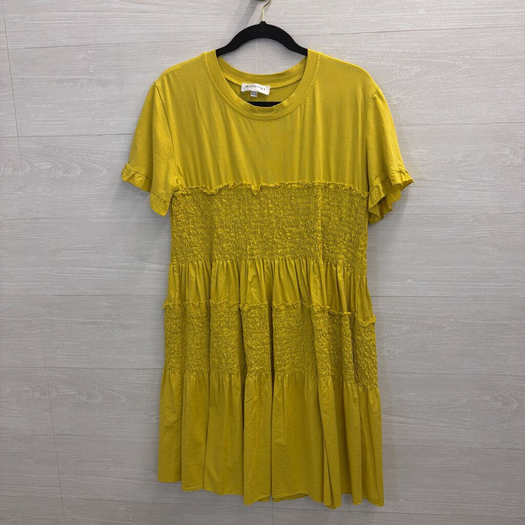 Marisima Green Short Sleeve Tiered Smocked Dress One Size