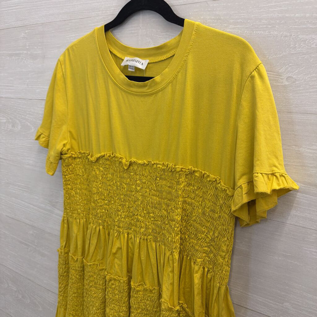 Marisima Green Short Sleeve Tiered Smocked Dress One Size