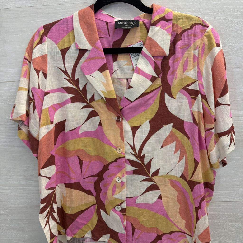 Mink Pink Pink/ Multi Print Short Sleeve Button Down Top Small