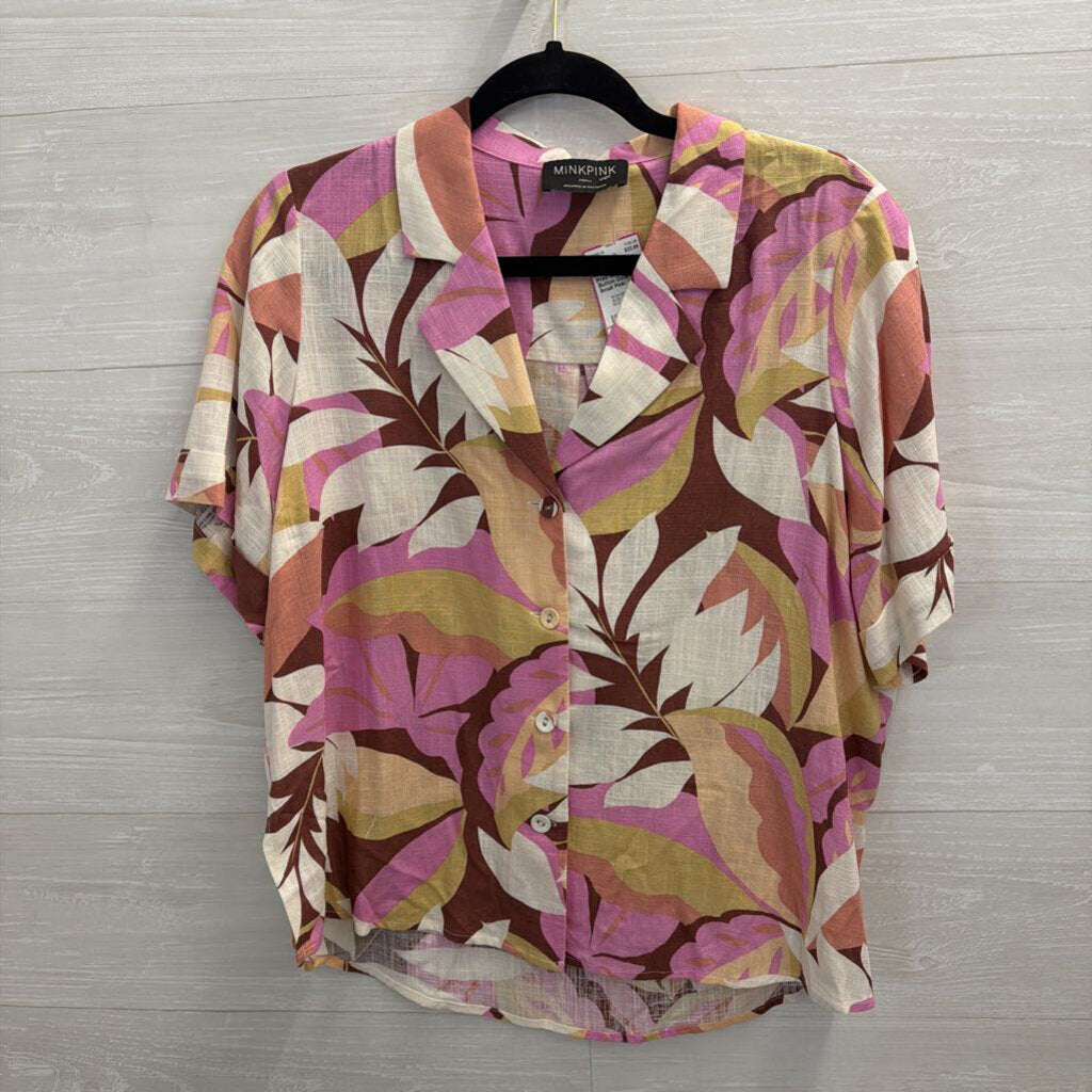 Mink Pink Pink/ Multi Print Short Sleeve Button Down Top Small