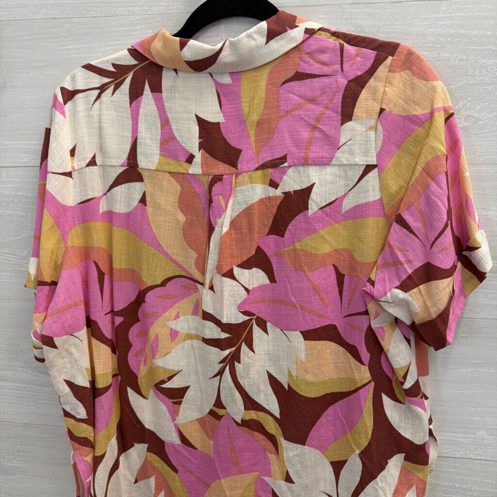 Mink Pink Pink/ Multi Print Short Sleeve Button Down Top Small