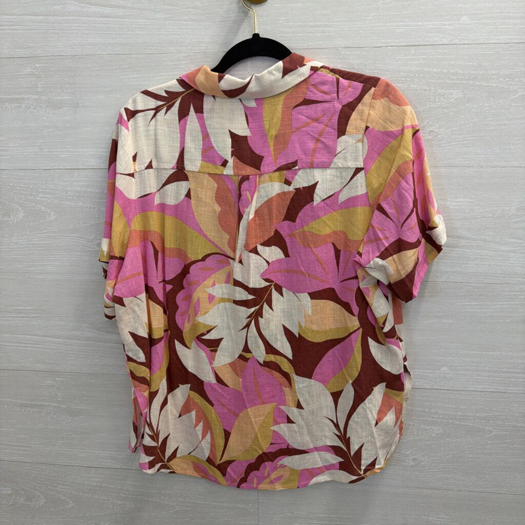 Mink Pink Pink/ Multi Print Short Sleeve Button Down Top Small