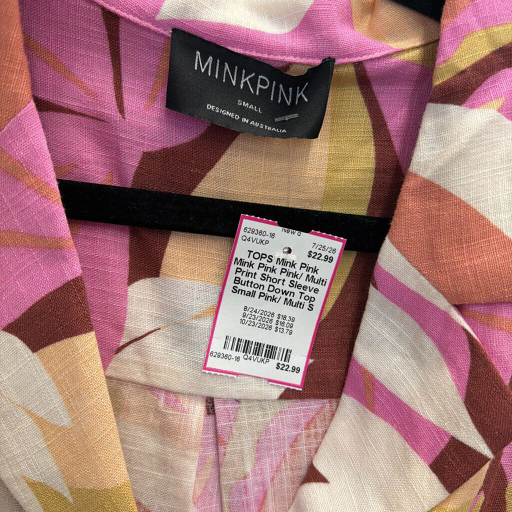Mink Pink Pink/ Multi Print Short Sleeve Button Down Top Small