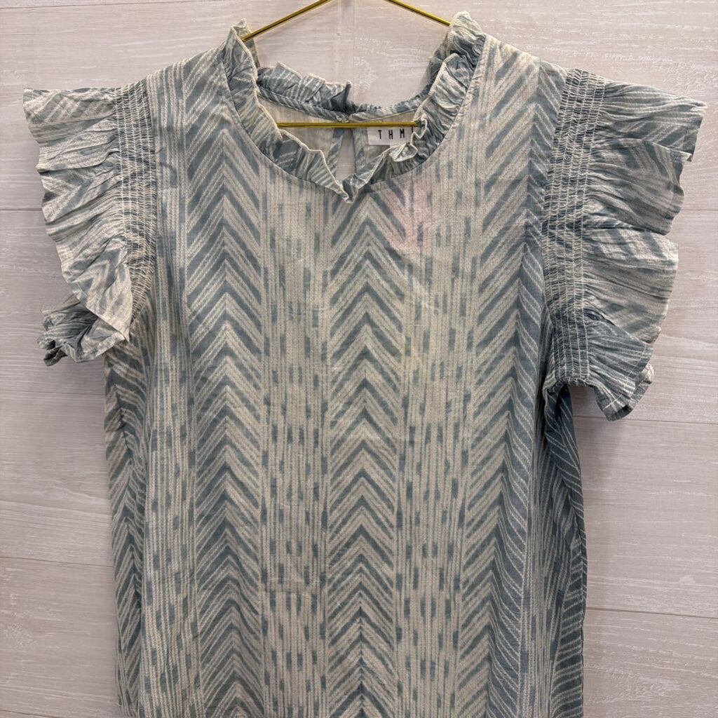 THML Blue/ White Print Short Sleeve Top Medium