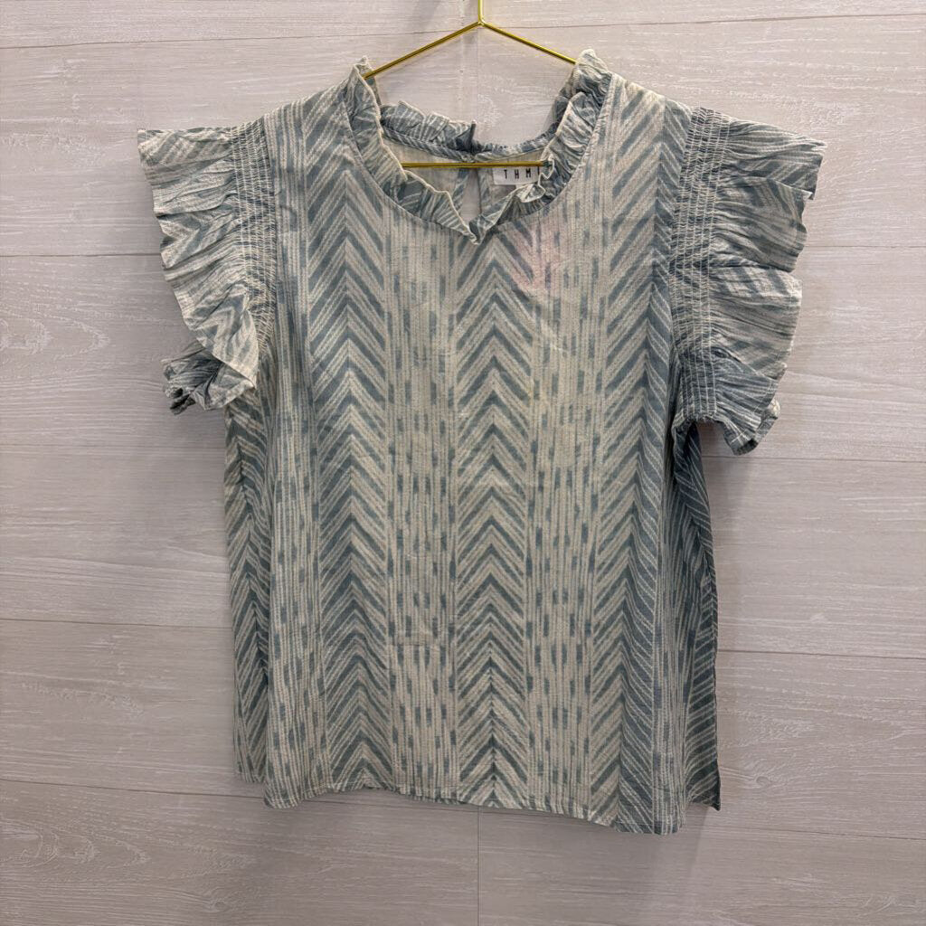 THML Blue/ White Print Short Sleeve Top Medium