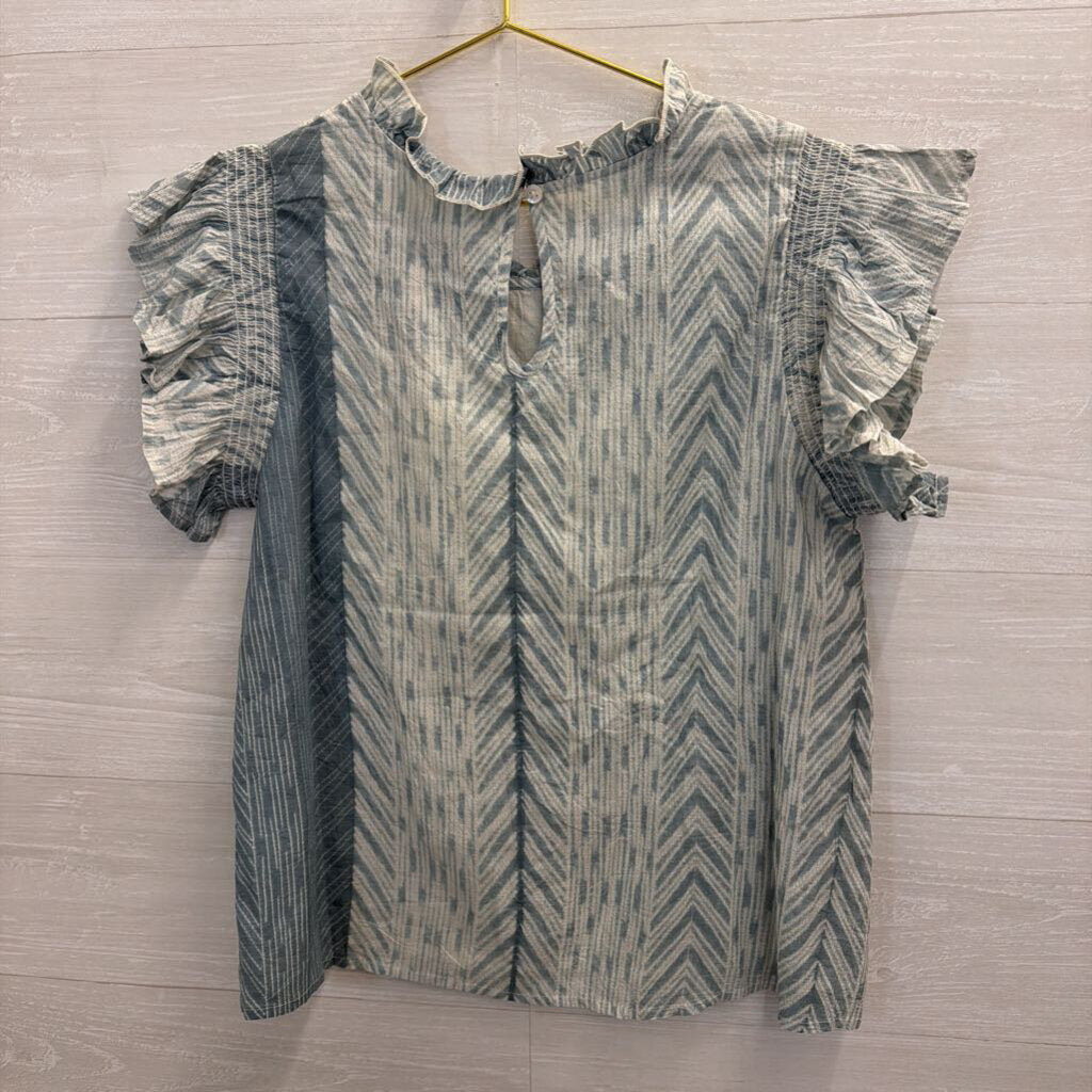 THML Blue/ White Print Short Sleeve Top Medium