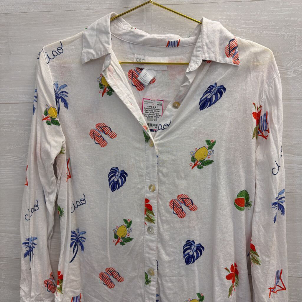 C and C California White/ Multi Print Long Sleeve Button Down Top Small
