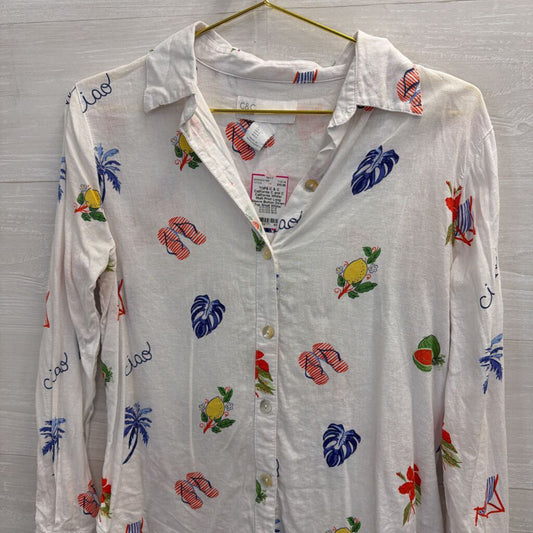 C and C California White/ Multi Print Long Sleeve Button Down Top Small