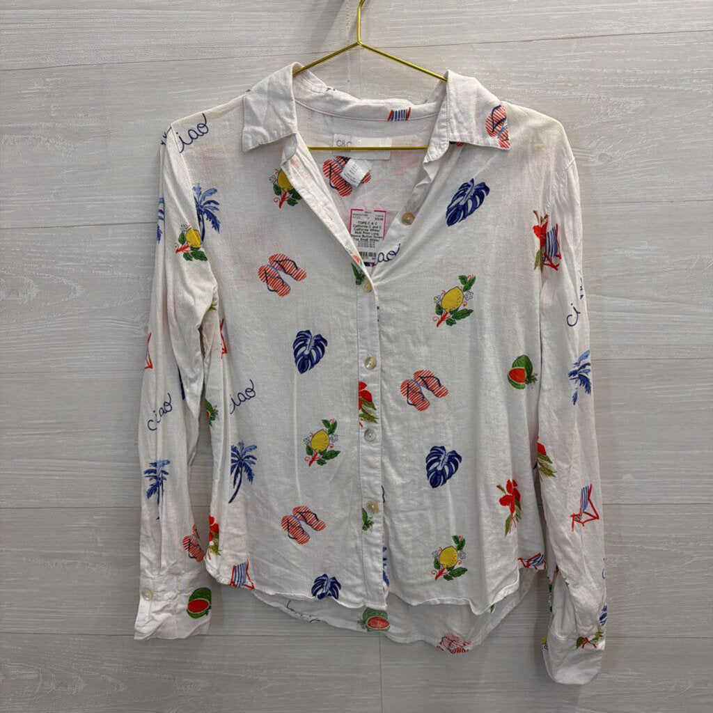 C and C California White/ Multi Print Long Sleeve Button Down Top Small