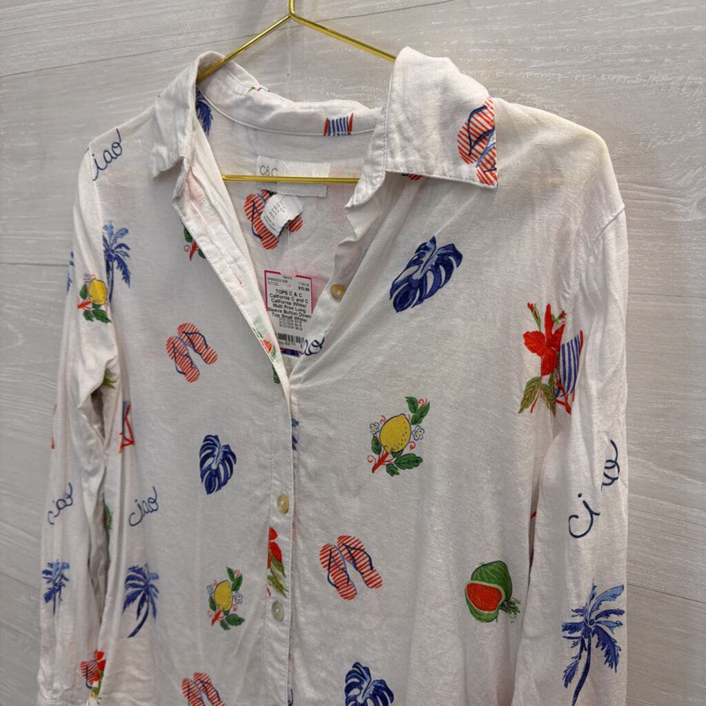 C and C California White/ Multi Print Long Sleeve Button Down Top Small