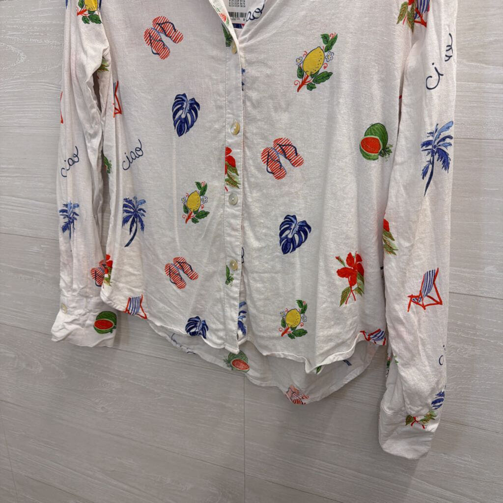C and C California White/ Multi Print Long Sleeve Button Down Top Small