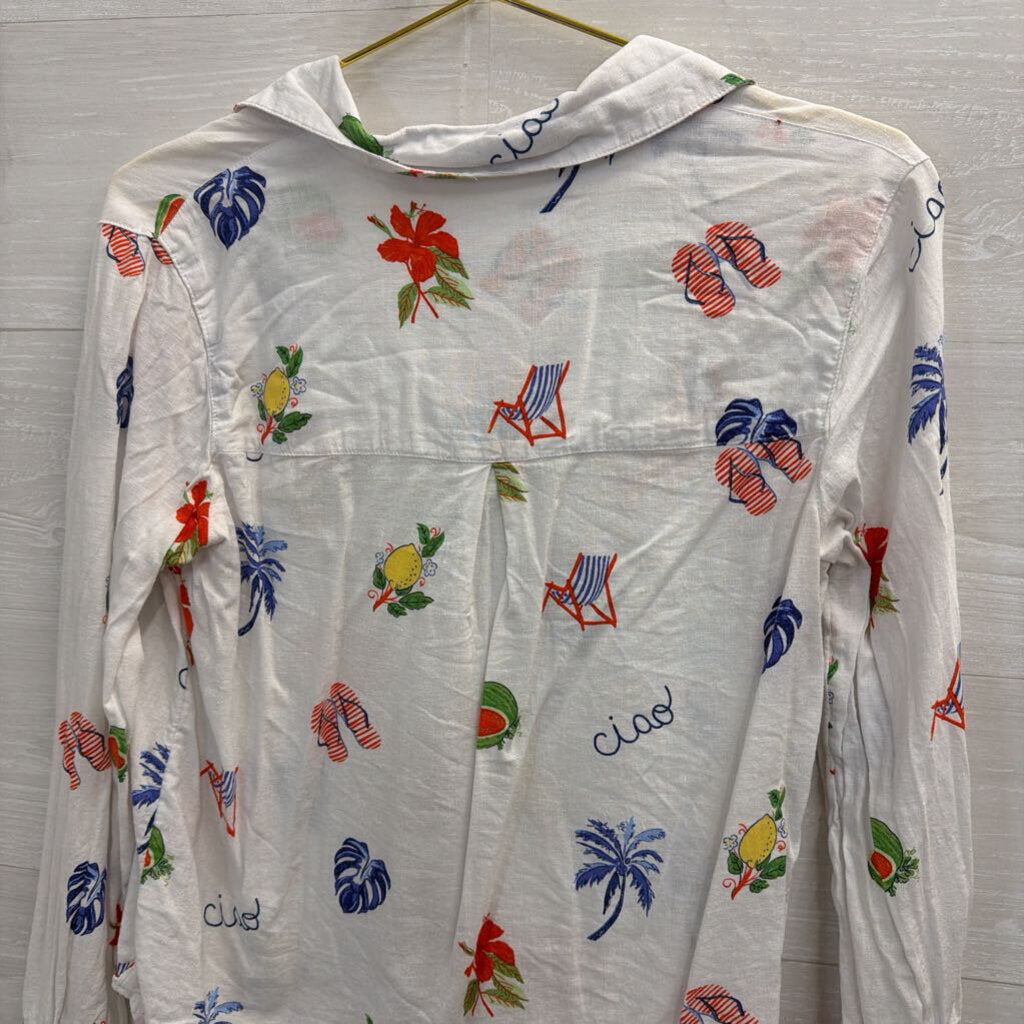 C and C California White/ Multi Print Long Sleeve Button Down Top Small