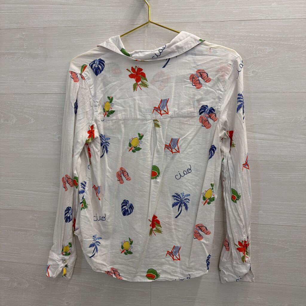 C and C California White/ Multi Print Long Sleeve Button Down Top Small