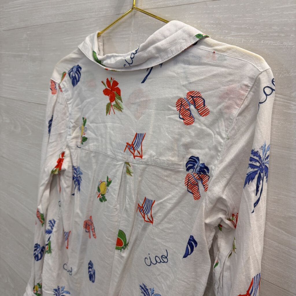 C and C California White/ Multi Print Long Sleeve Button Down Top Small