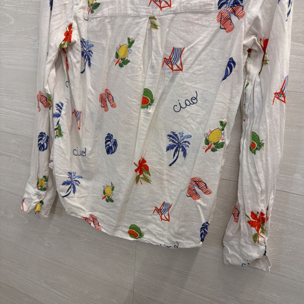 C and C California White/ Multi Print Long Sleeve Button Down Top Small