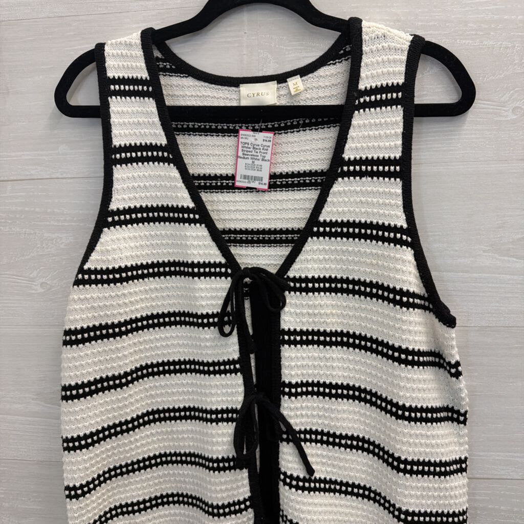 Cyrus White/ Black Knit Striped Tie Front Sleeveless Top Medium