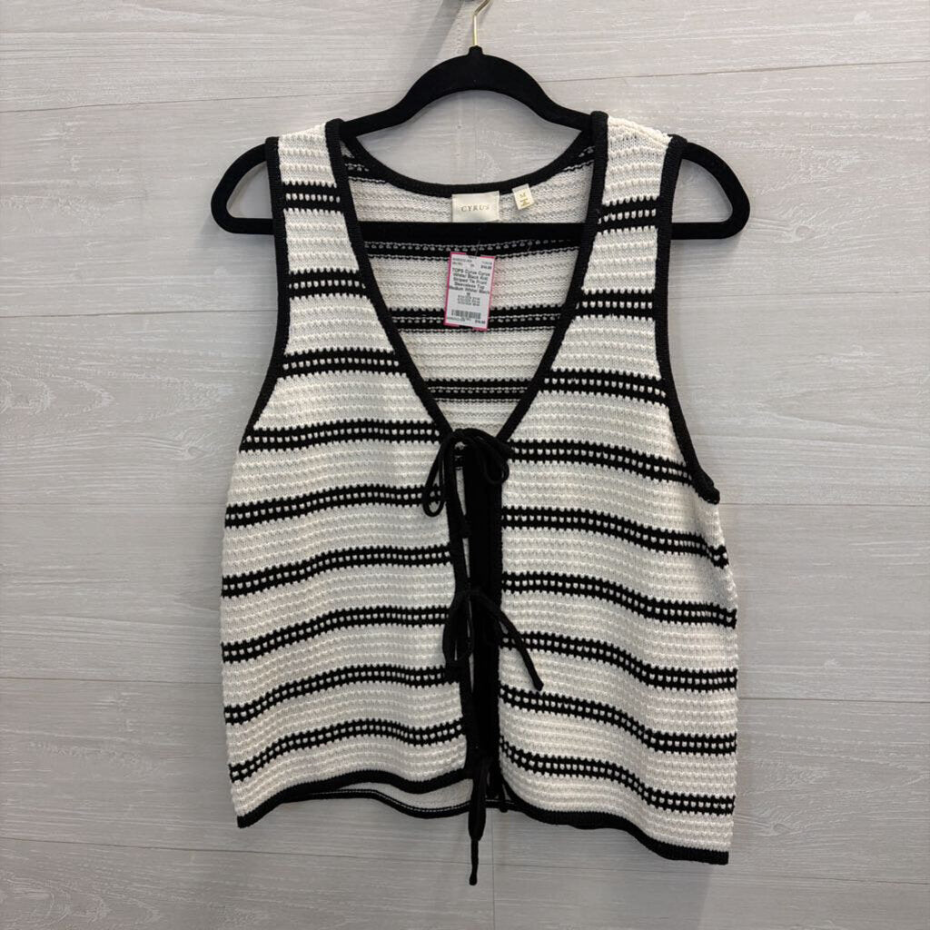 Cyrus White/ Black Knit Striped Tie Front Sleeveless Top Medium
