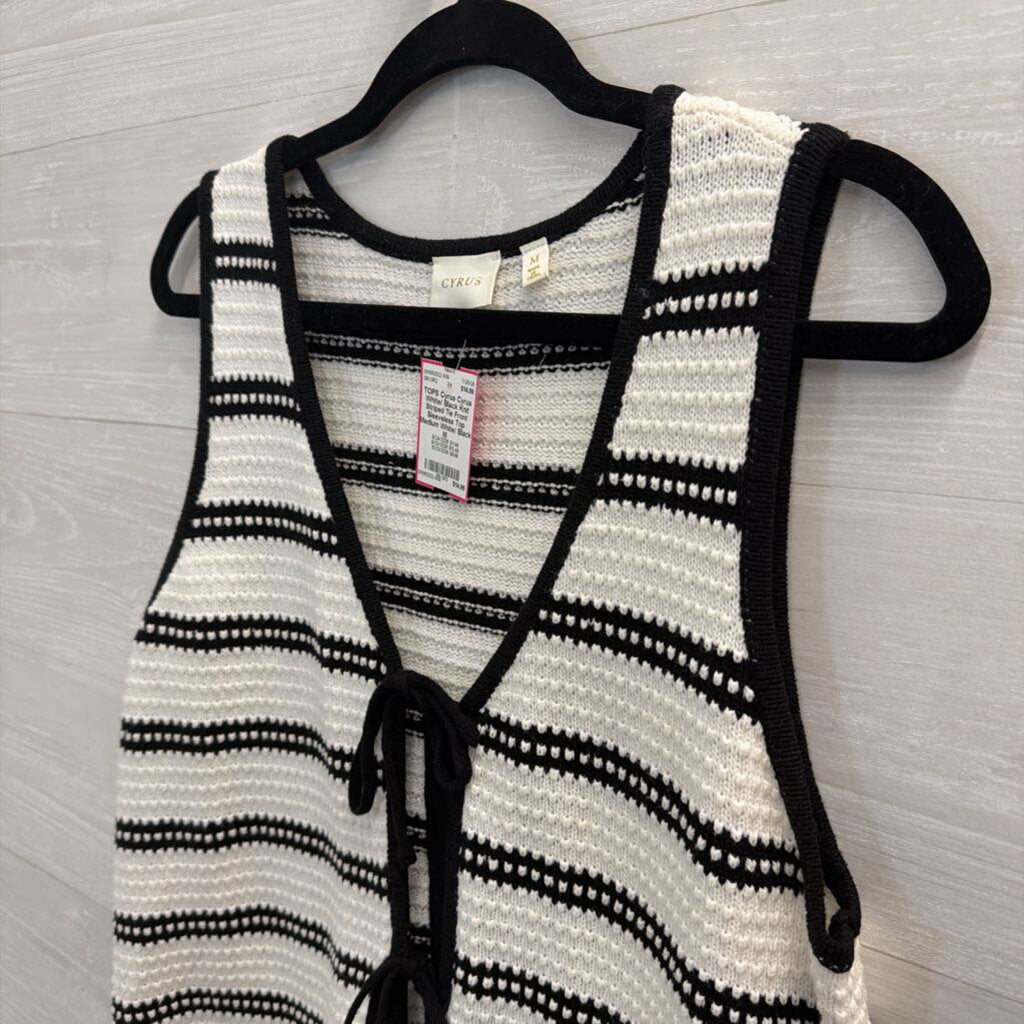 Cyrus White/ Black Knit Striped Tie Front Sleeveless Top Medium