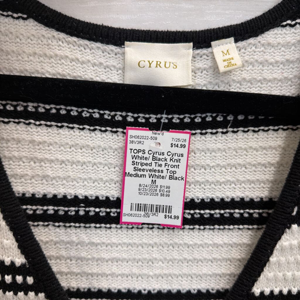 Cyrus White/ Black Knit Striped Tie Front Sleeveless Top Medium