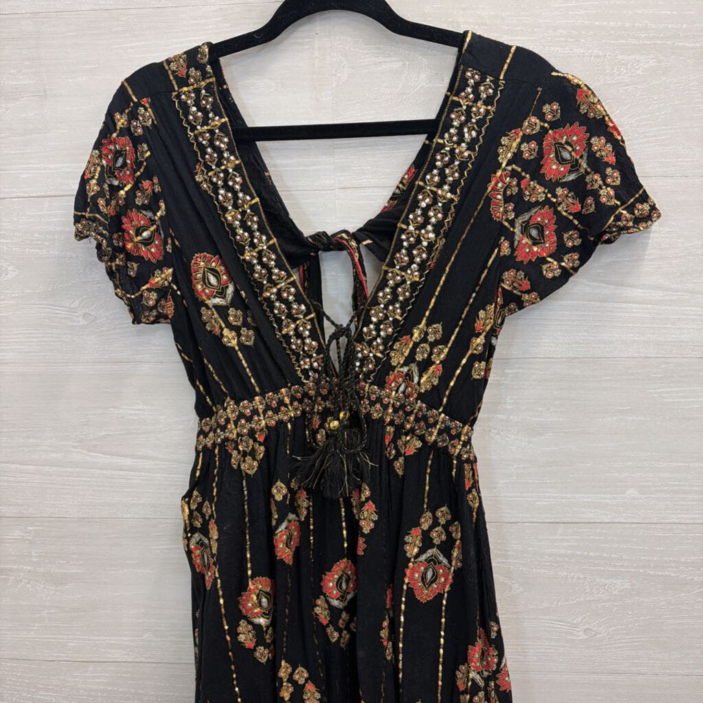 Ananta Black/ Gold Embellished Short Sleeve Maxi Dress Large/ Extra Large
