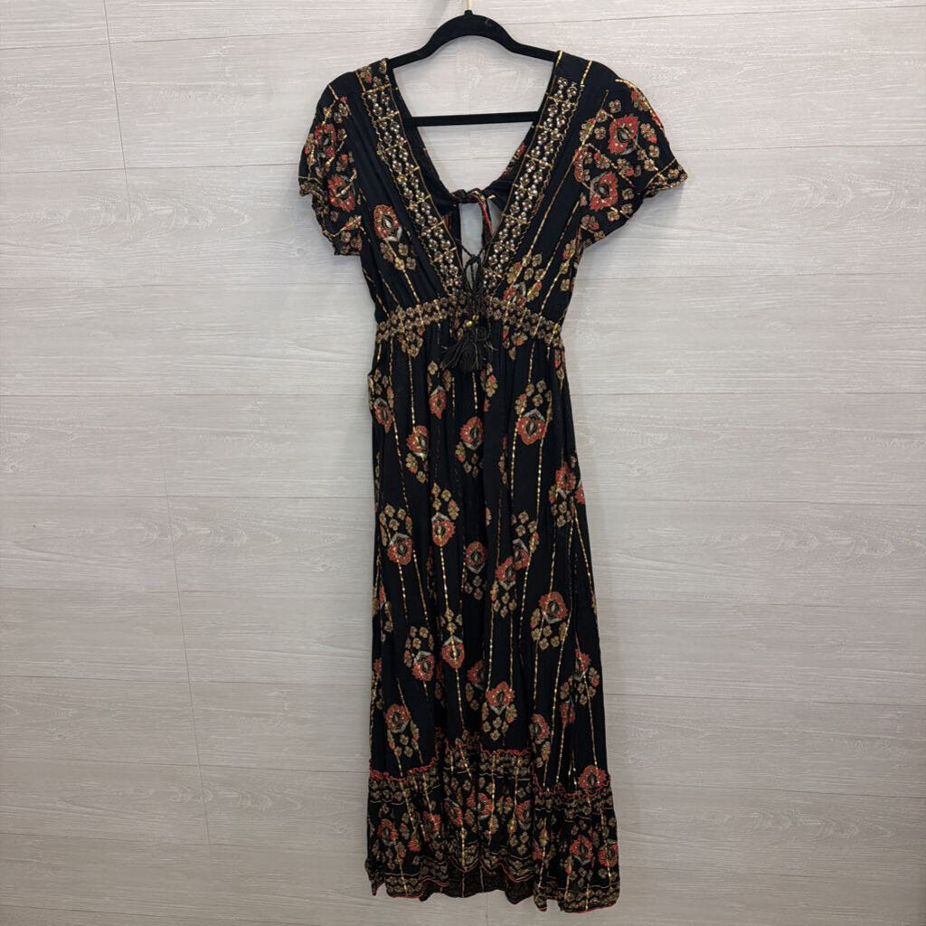 Ananta Black/ Gold Embellished Short Sleeve Maxi Dress Large/ Extra Large
