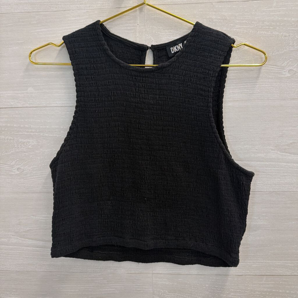 DKNY Black Smocked Cropped Tank Top Large