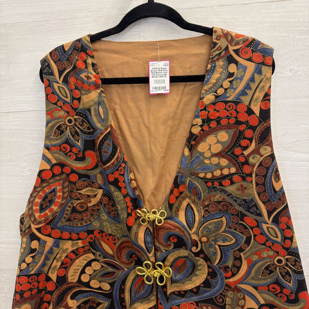 Brown/ Multi Print Gold Button Vest Top Extra Large