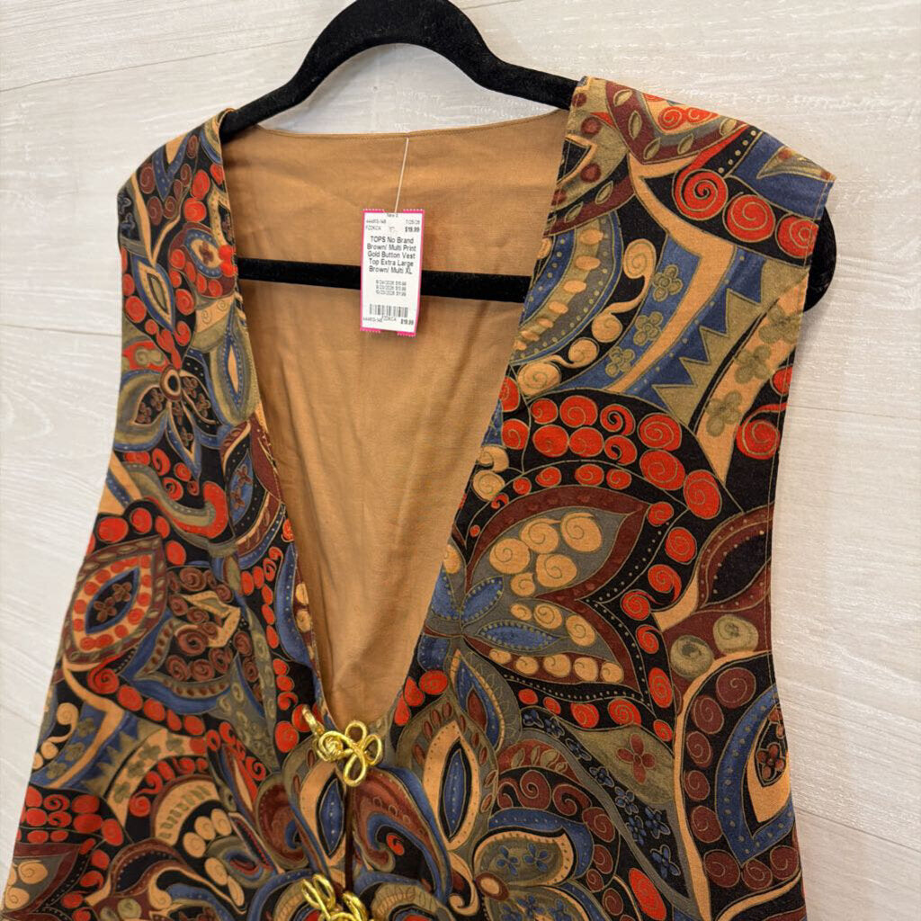 Brown/ Multi Print Gold Button Vest Top Extra Large