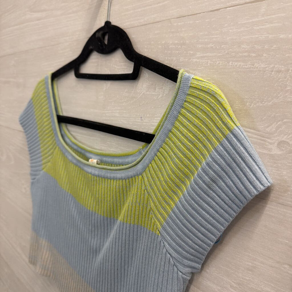 Daily Practice Blue/ Green Striped Cropped Off Shoulder Top Large
