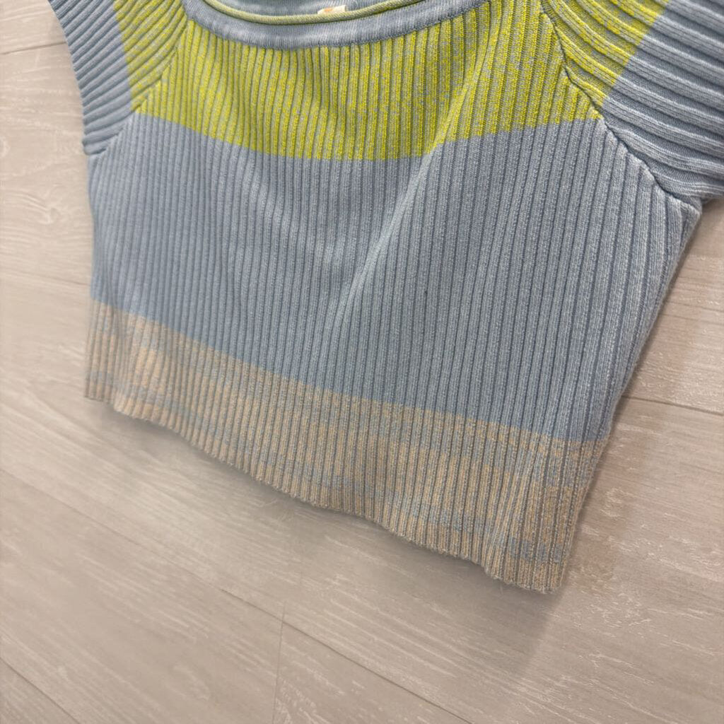 Daily Practice Blue/ Green Striped Cropped Off Shoulder Top Large