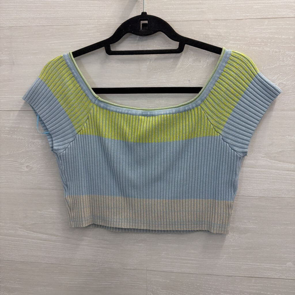 Daily Practice Blue/ Green Striped Cropped Off Shoulder Top Large
