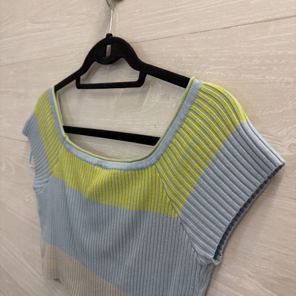 Daily Practice Blue/ Green Striped Cropped Off Shoulder Top Large