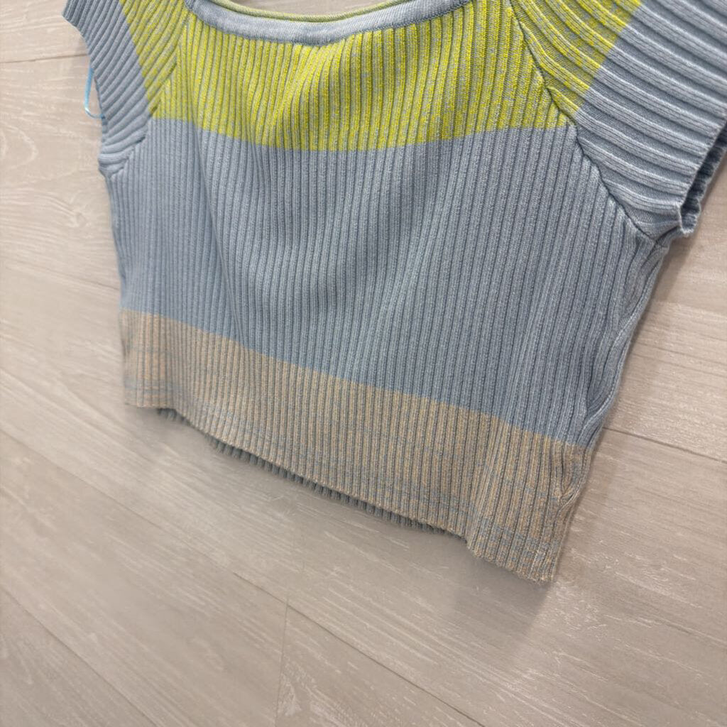 Daily Practice Blue/ Green Striped Cropped Off Shoulder Top Large