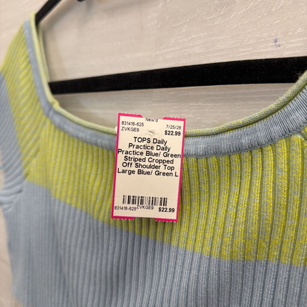 Daily Practice Blue/ Green Striped Cropped Off Shoulder Top Large