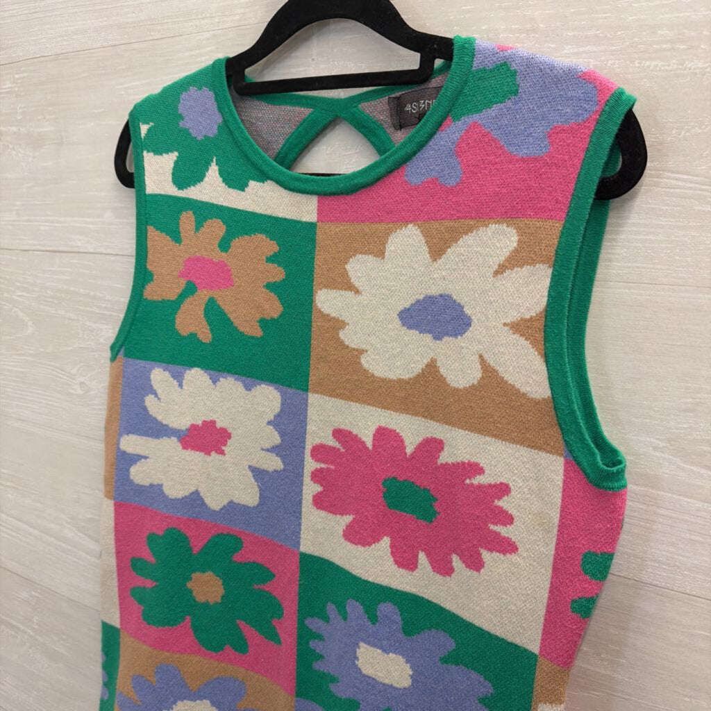 4si3nna Green/ Multi Flower Knit Sleeveless Mini Dress Small