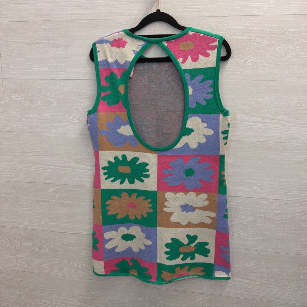 4si3nna Green/ Multi Flower Knit Sleeveless Mini Dress Small