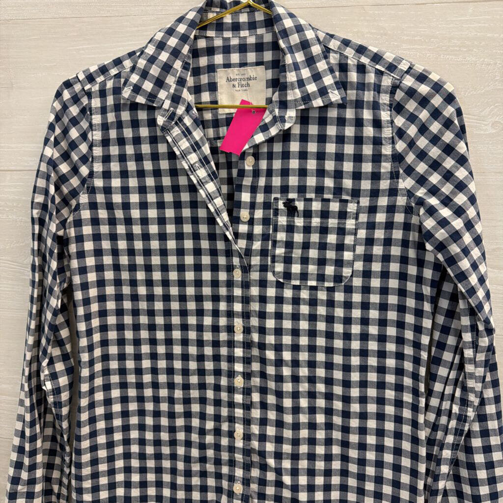 Abercrombie and Fitch Navy/ White Gingham Long Sleeve Button Down Top Small