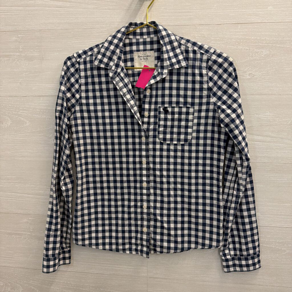 Abercrombie and Fitch Navy/ White Gingham Long Sleeve Button Down Top Small