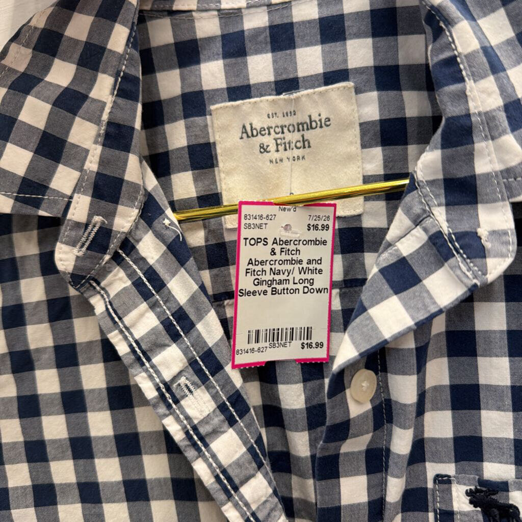 Abercrombie and Fitch Navy/ White Gingham Long Sleeve Button Down Top Small
