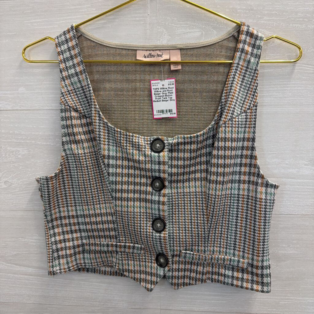 Willow and Root Beige/ Grey Plaid Cropped Button Front Tank Top Medium